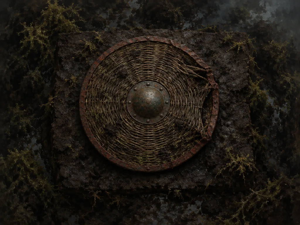 Perisai bundar dari anyaman willow dengan tonjolan perunggu di tengah dan bingkai besi berkarat, penyok di satu sisi, tergeletak di atas gambut